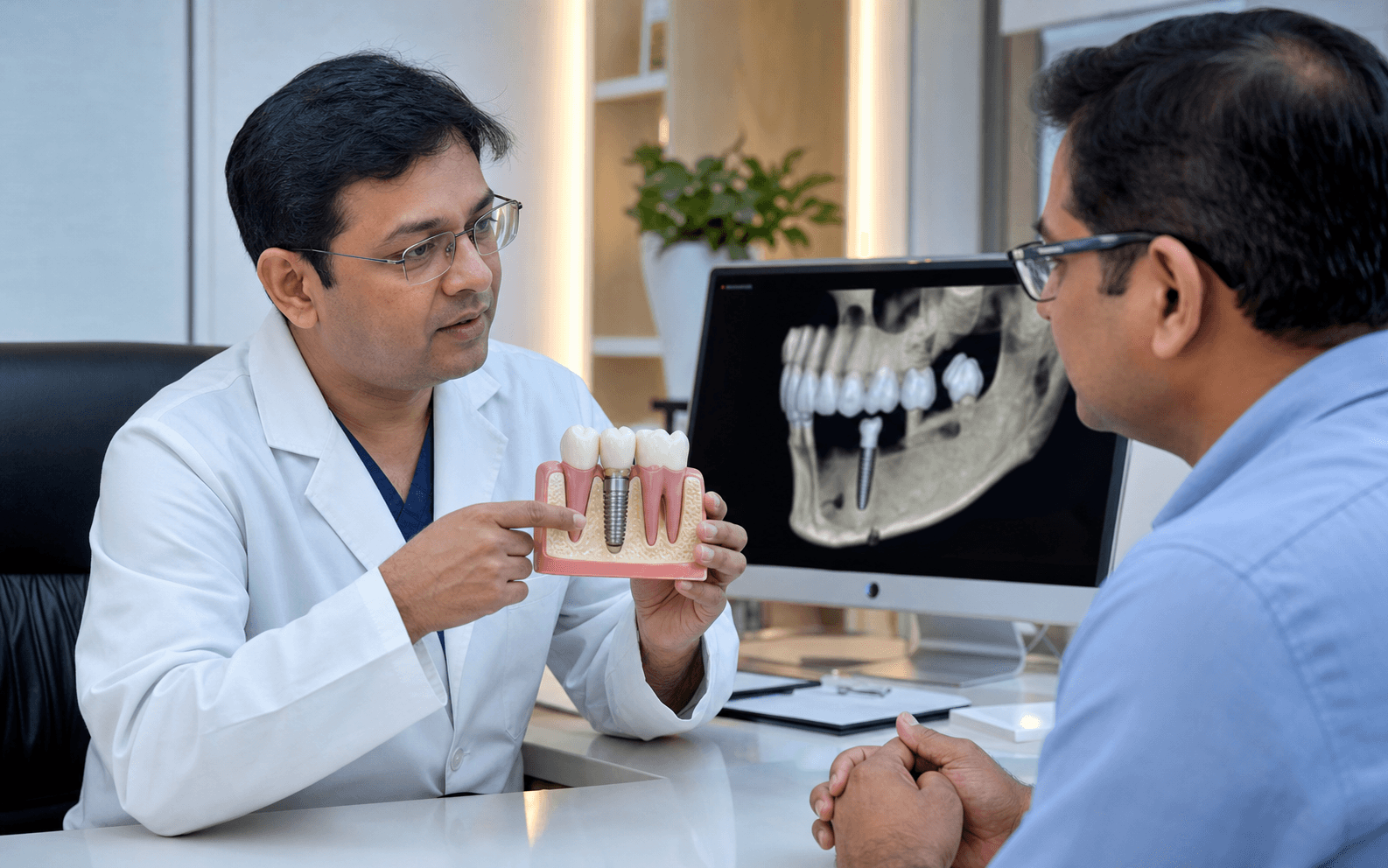 Indian implant dentist explaining a tooth implant model to a patient