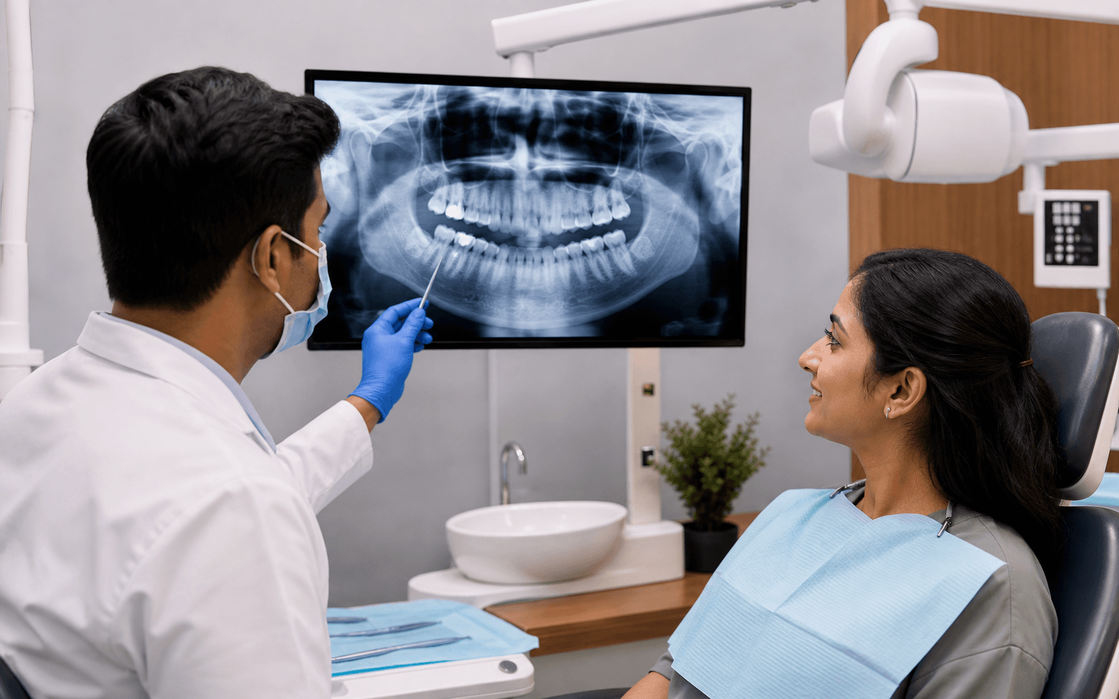 Indian dentist reviewing a digital dental x-ray with a patient
