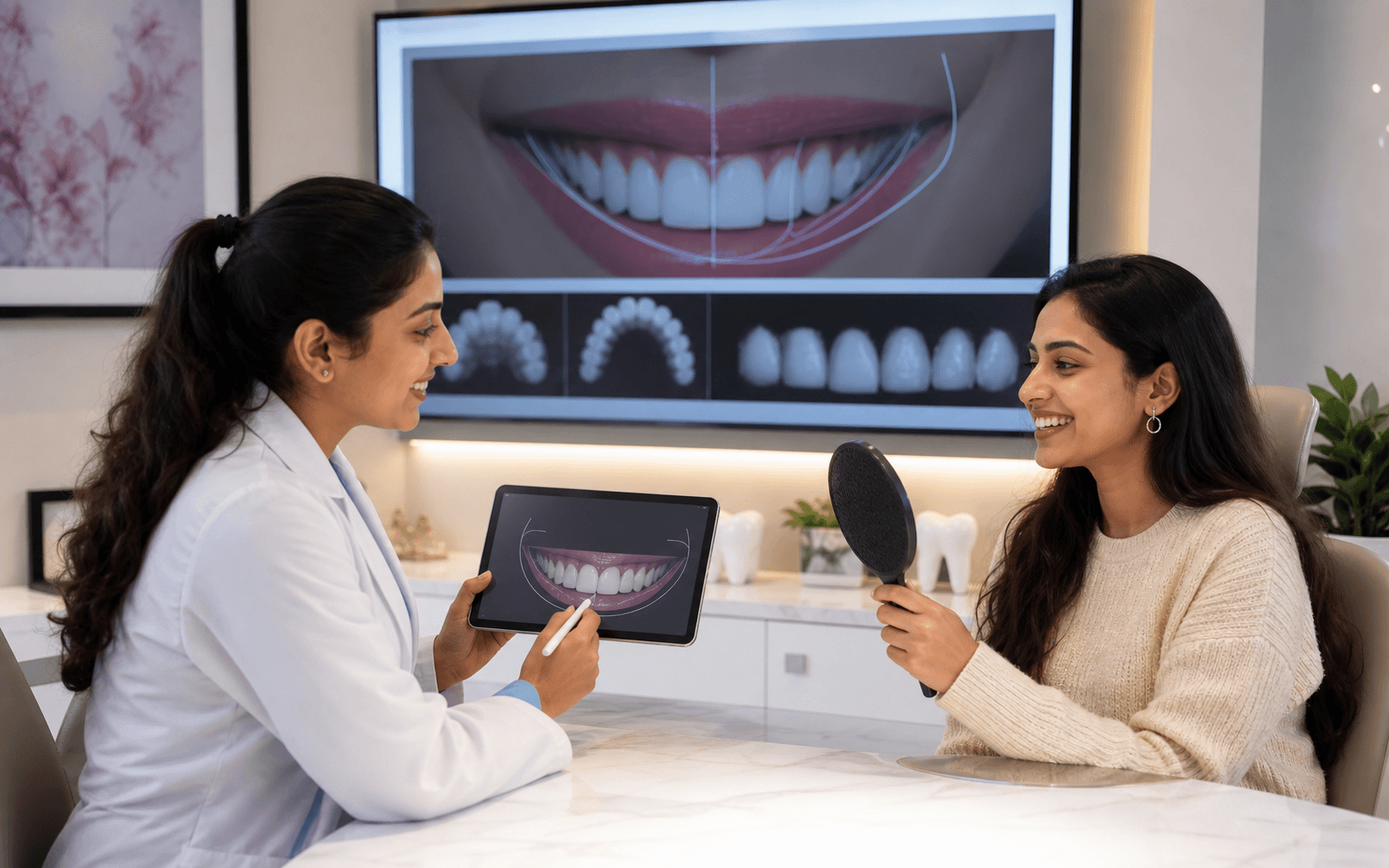 Indian dentist discussing digital smile design with a smiling patient