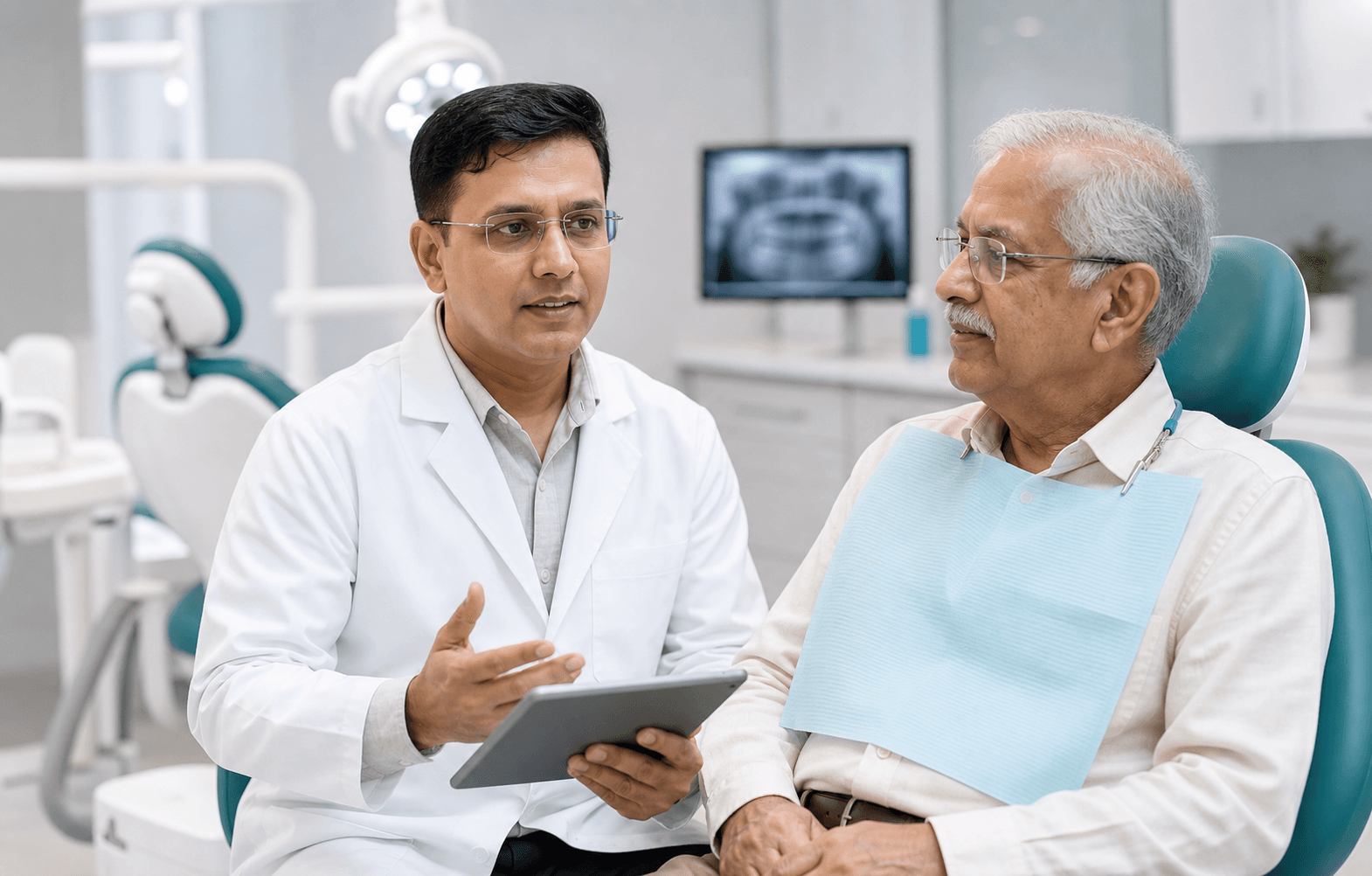Elderly Indian patient receiving gentle dental care from a dentist