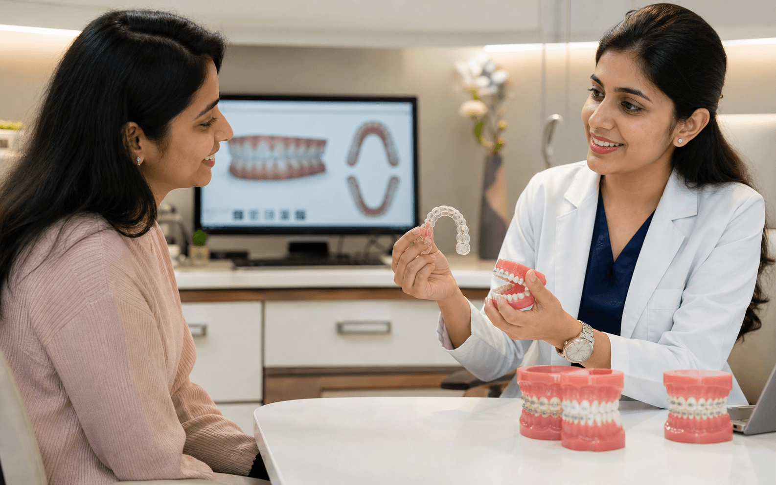 Indian orthodontist explaining clear aligners to a patient