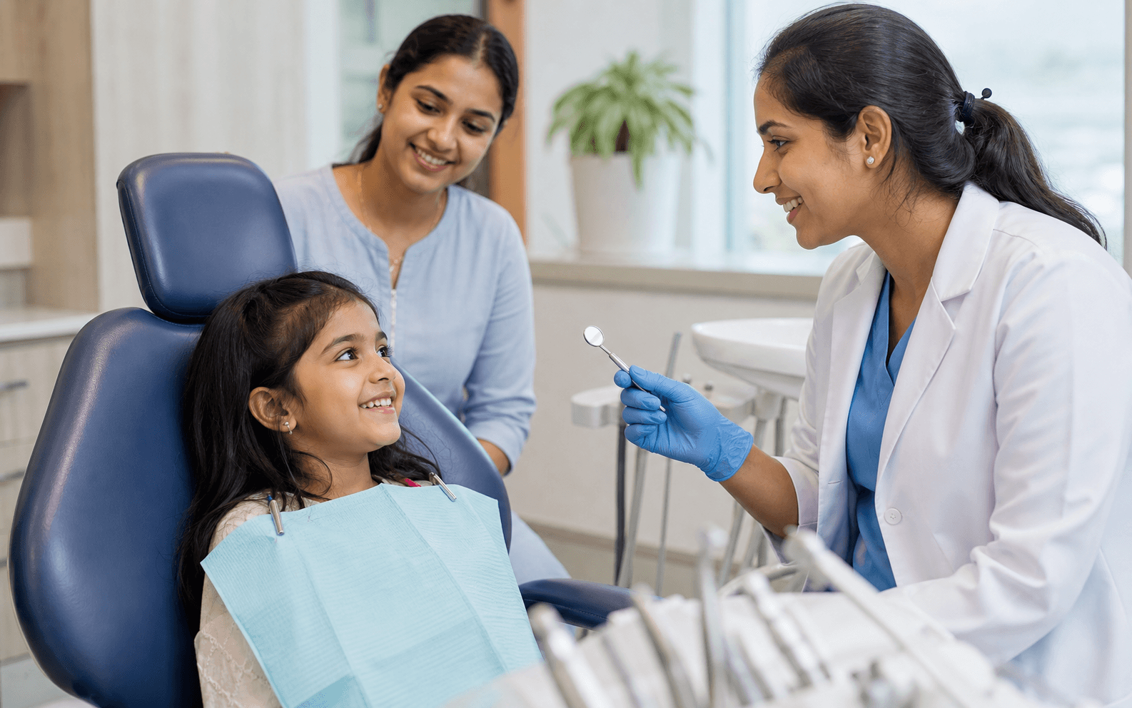 Indian child patient smiling during a gentle pediatric dental visit