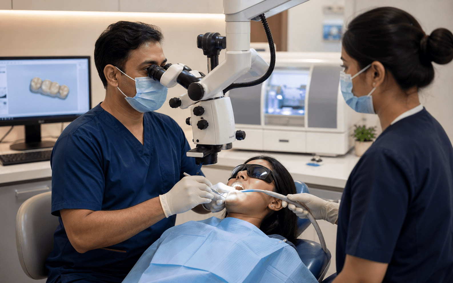 Indian endodontist using a microscope during root canal treatment