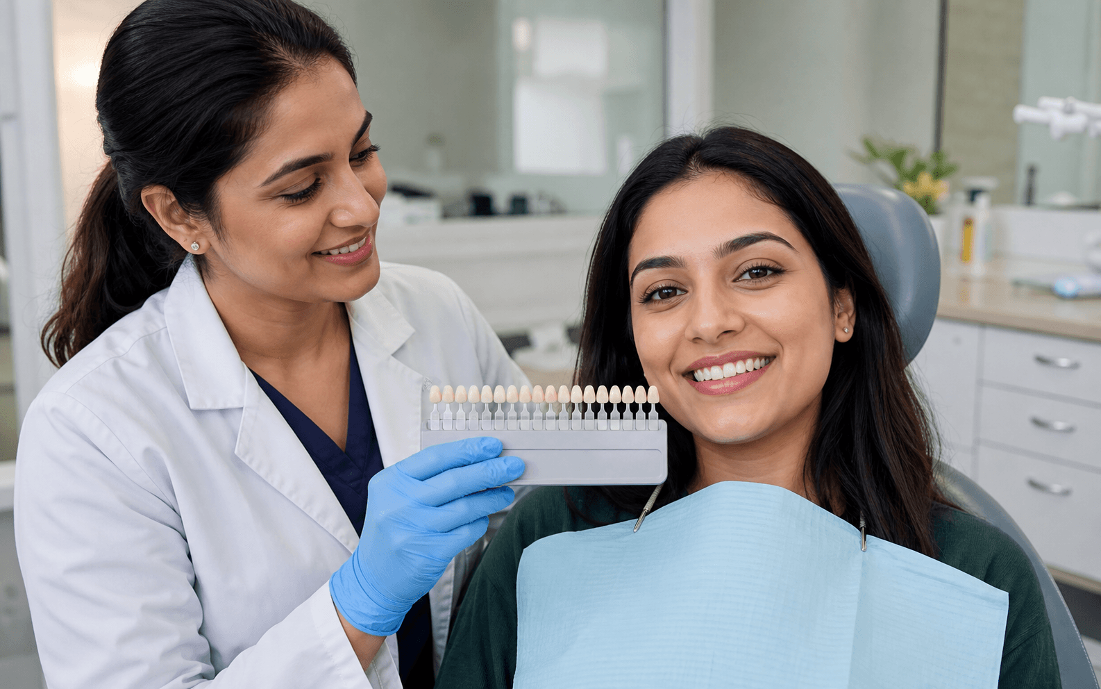 Indian dentist comparing tooth shade for a whitening patient
