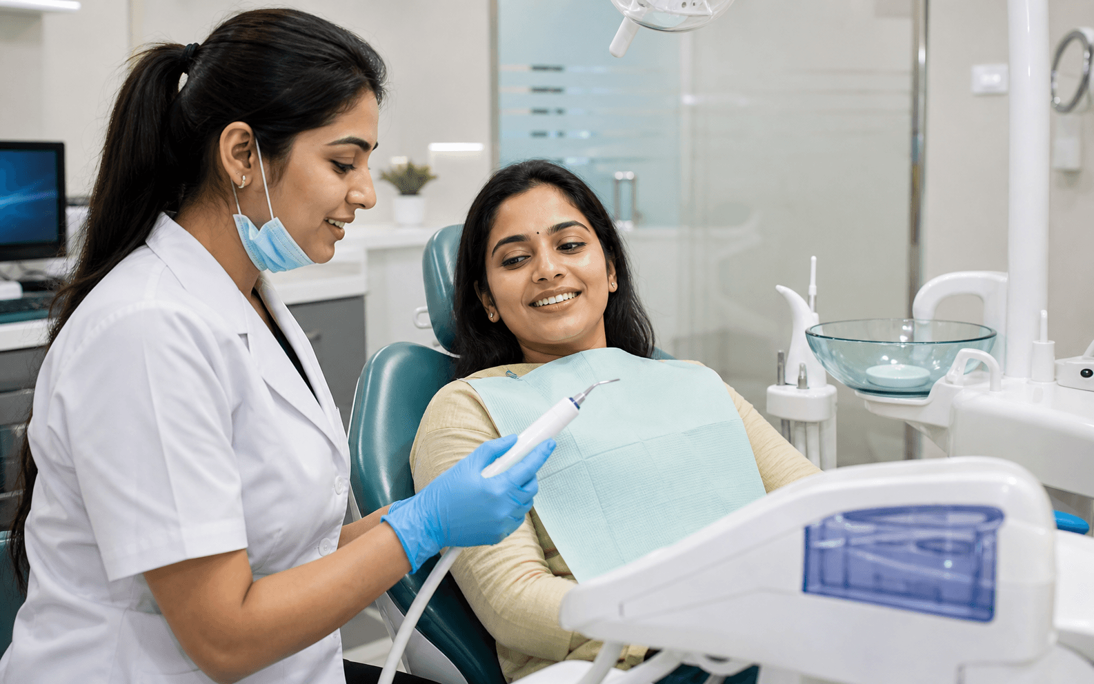 Indian dental hygienist demonstrating ultrasonic teeth cleaning equipment